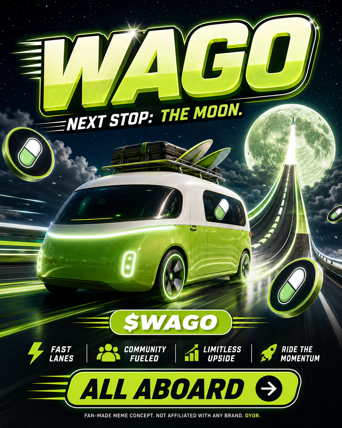 WAGO green meme van travelling on a moonlit road